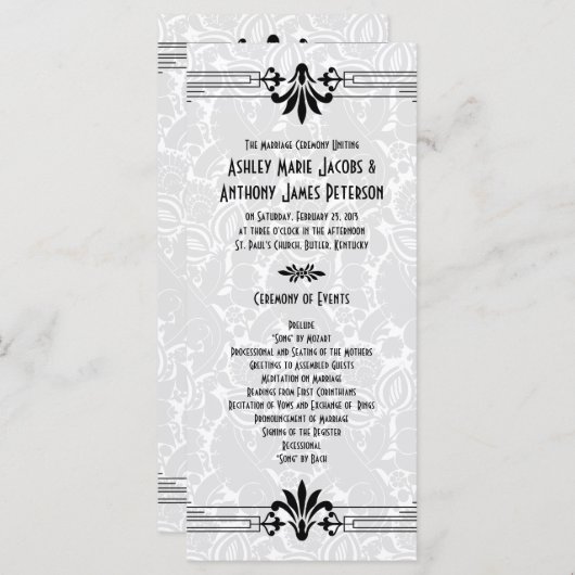 Schwarz-weiße Roaring 20er Jahre Art Déco Hochzeit Programm (Vorne/Hinten)