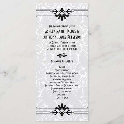 Schwarz-weiße Roaring 20er Jahre Art Déco Hochzeit Programm (Vorderseite)