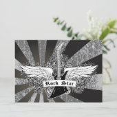 Schwarz-weiße Rock-Star-E-Gitarrenflügel Einladung (Stehend Vorderseite)