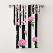 Schwarz-weiße Rosa Blume Streifen Linien Badhandtuch Set (Insitu)