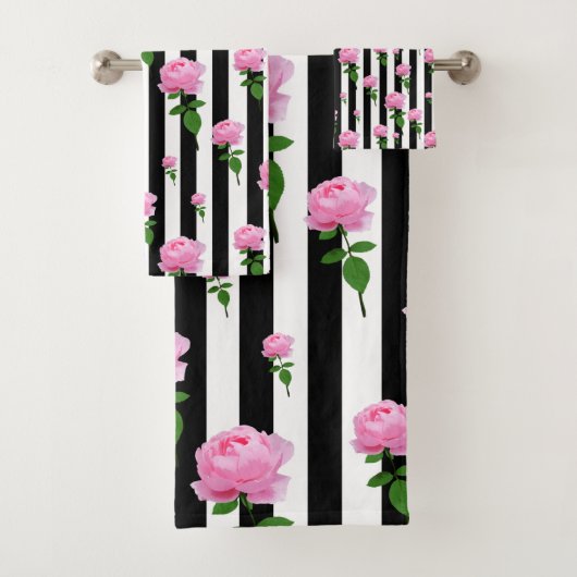 Schwarz-weiße Rosa Blume Streifen Linien Badhandtuch Set (Insitu)
