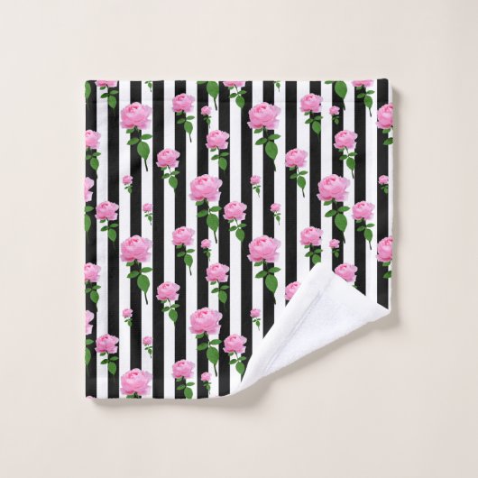 Schwarz-weiße Rosa Blume Streifen Linien Badhandtuch Set (Waschlappen)