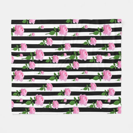 Schwarz-weiße Rosa Blume Streifen Linien Fleecedecke (Vorderseite (Horizontal))