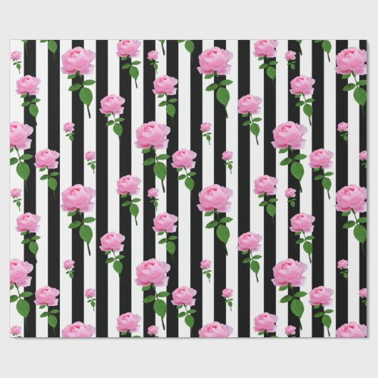 Schwarz-weiße Rosa Blume Streifen Linien Geschenkpapier (Flach)