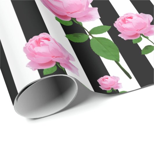 Schwarz-weiße Rosa Blume Streifen Linien Geschenkpapier (Rolleneckpunkt)