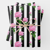 Schwarz-weiße Rosa Blume Streifen Linien Geschenkpapier Set (Beispiel)