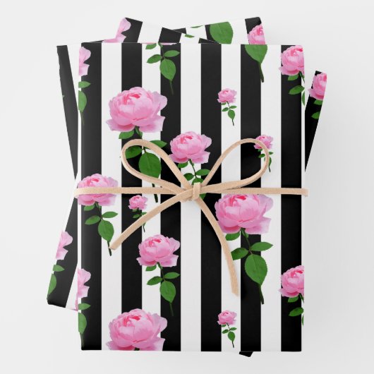 Schwarz-weiße Rosa Blume Streifen Linien Geschenkpapier Set (Beispiel)