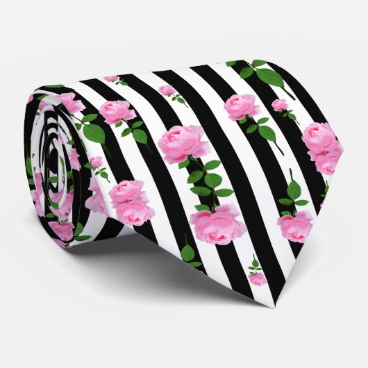 Schwarz-weiße Rosa Blume Streifen Linien Krawatte (Gerollt)