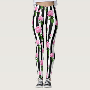Schwarz-weiße Rosa Blume Streifen Linien Leggings