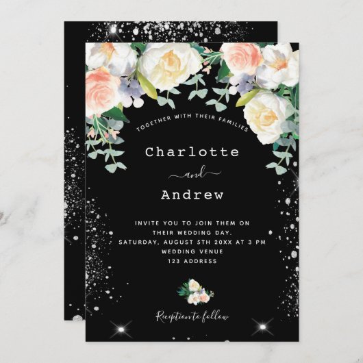Schwarz-weiße Rosa Blumensträuße Silberhochzeit Gl Einladung (Vorne/Hinten)