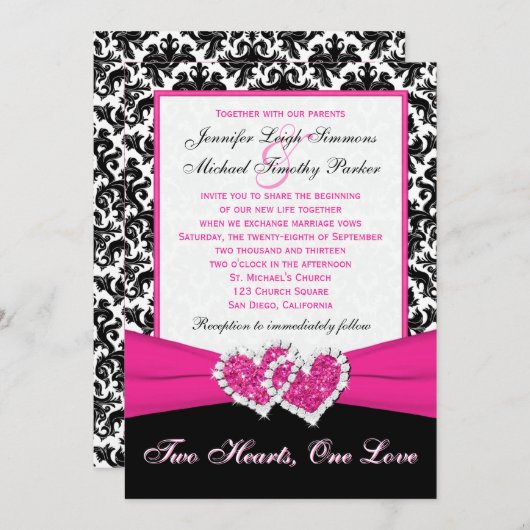 Schwarz-weiße rosa Damast-Herzen, die Einladung (Vorne/Hinten)