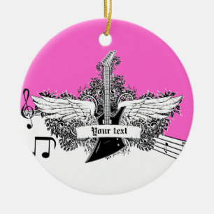 Schwarz-weiße rosa Gitarre mit Flügeln Keramik Ornament