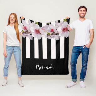 Schwarz-weiße Rosa Kirsche Blume schwarze Streifen Fleecedecke