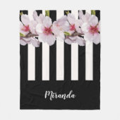 Schwarz-weiße Rosa Kirsche Blume schwarze Streifen Fleecedecke (Vorderseite)