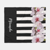 Schwarz-weiße Rosa Kirsche Blume schwarze Streifen Fleecedecke (Vorderseite (Horizontal))