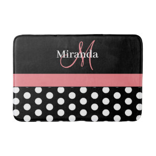 Schwarz-weiße rosa Monogramm Script Polka Dots Ba Badematte