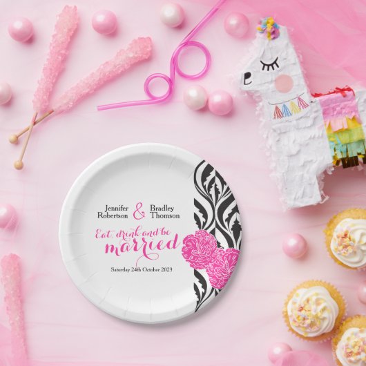 Schwarz-weiße, rosa Papiertüte Pappteller (Party)