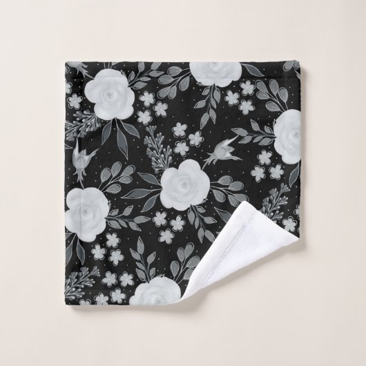 Schwarz-weiße Rose Aquarellmalerei Badhandtuch Set (Waschlappen)