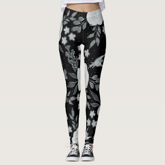 Schwarz-weiße Rose Aquarellmalerei Leggings (Vorderseite)
