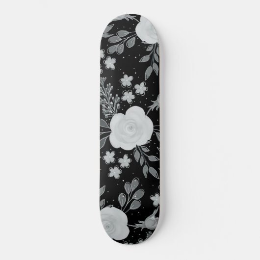 Schwarz-weiße Rose Aquarellmalerei Skateboard (Vorderseite)