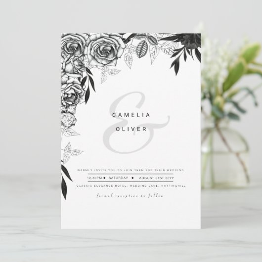 Schwarz-weiße Rose gedruckt oder digitale Hochzeit Einladung (Stehend Vorderseite)