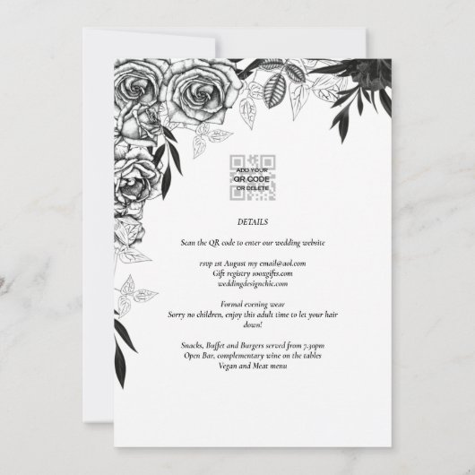 Schwarz-weiße Rose gedruckt oder digitale Hochzeit Einladung (Rückseite)