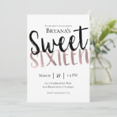 Schwarz-weiße Rose Gold Pink Sweet 16 SIXTEEN Part Einladung (Stehend Vorderseite)