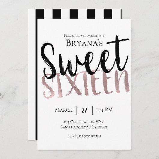 Schwarz-weiße Rose Gold Pink Sweet 16 SIXTEEN Part Einladung (Vorne/Hinten)