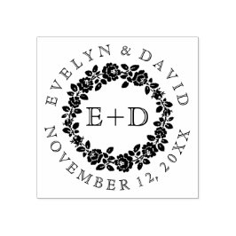 Schwarz-weiße Rose Kranz Vintage Monogramm Hochzei Gummistempel