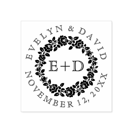 Schwarz-weiße Rose Kranz Vintage Monogramm Hochzei Gummistempel (Prägung)