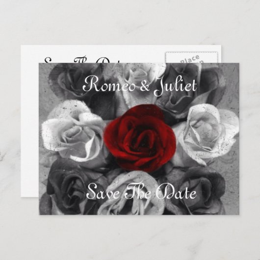 Schwarz-weiße Rose Save the Date Postkarte (Vorne/Hinten)