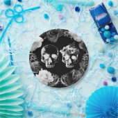 Schwarz-weiße Rose Skeleton Skull Gothic Wedding Pappteller (Party)