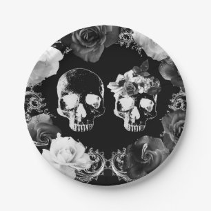 Schwarz-weiße Rose Skeleton Skull Gothic Wedding Pappteller