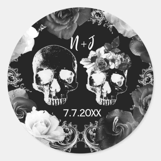 Schwarz-weiße Rose Skeleton Skull Gothic Wedding Runder Aufkleber (Vorderseite)