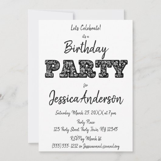 Schwarz-weiße Rosen-Blumengeburtstag Einladung (Vorderseite)