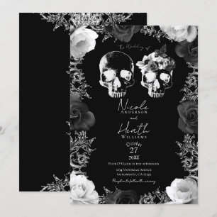 Schwarz Weiße Rosen Skelett Schädel Gothic Hochzei Einladung