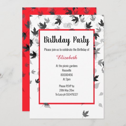 SCHWARZ-WEISSE ROTE FALLING BLÄTTER GEBURTSTAG EINLADUNG (Vorne/Hinten)