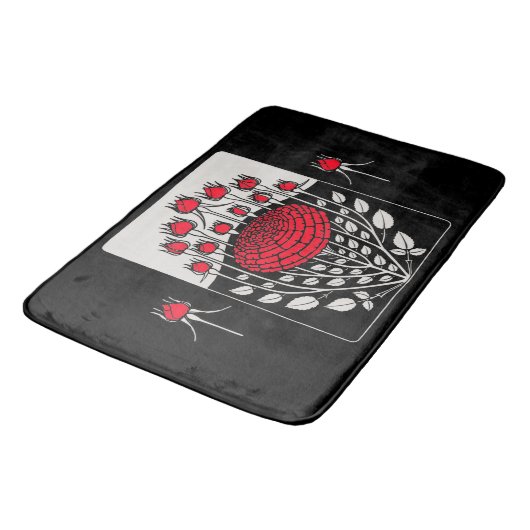 SCHWARZ-WEISSE ROTE ROSEN,ROSENKNOSPE Jugendstil Badematte (Schrägansicht)