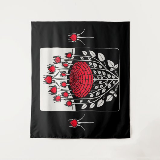 SCHWARZ-WEISSE ROTE ROSEN,ROSENKNOSPE Jugendstil Wandteppich (Vorderseite)