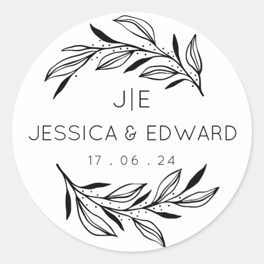 Schwarz-weiße Rustikale Chic Couple Initials Elega Runder Aufkleber (Vorderseite)