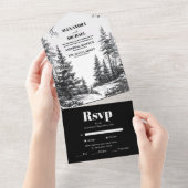 Schwarz-weiße Rustikale Hochzeit im Bergwald All In One Einladung (Abreißen)