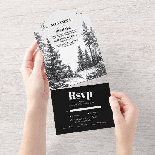 Schwarz-weiße Rustikale Hochzeit im Bergwald All In One Einladung (Abreißen)