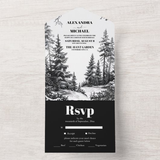 Schwarz-weiße Rustikale Hochzeit im Bergwald All In One Einladung (Innen Boden)