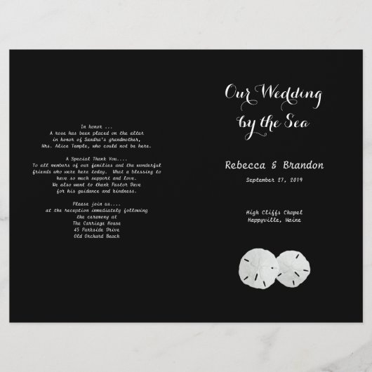Schwarz-weiße SandDollars-Hochzeitsprogramm (Vorderseite)