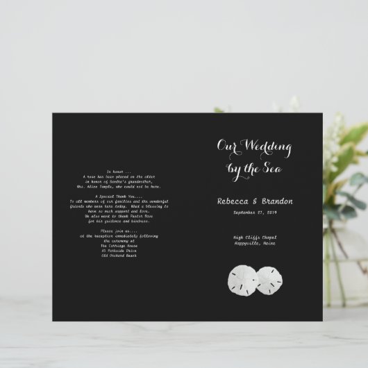 Schwarz-weiße SandDollars-Hochzeitsprogramm (Stehend Vorderseite)