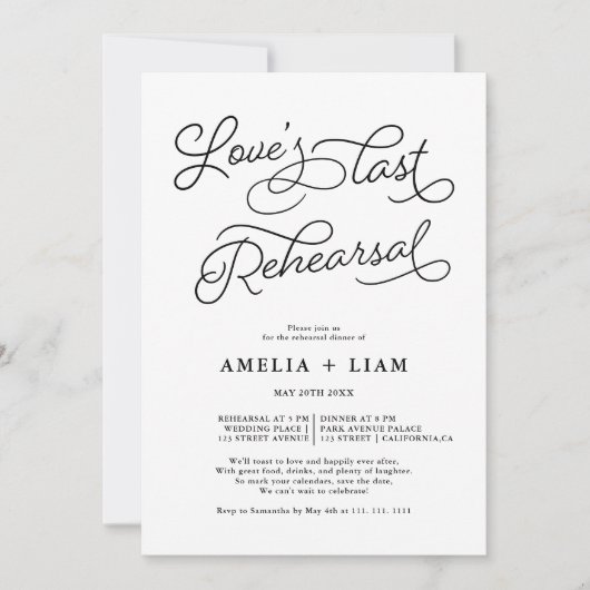 Schwarz-weiße schicke Liebe letzte Probe Einladung (Vorderseite)