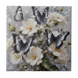 Schwarz-Weiße Schmetterlinge auf weißen Blumen, Fliese