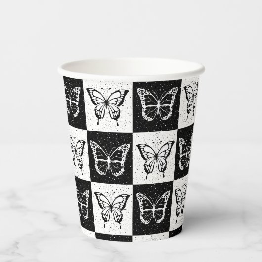 Schwarz-weiße Schmetterlingssicherung Pappbecher (Rückseite)