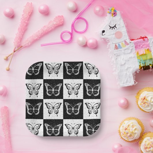 Schwarz-weiße Schmetterlingssicherung Pappteller (Party)