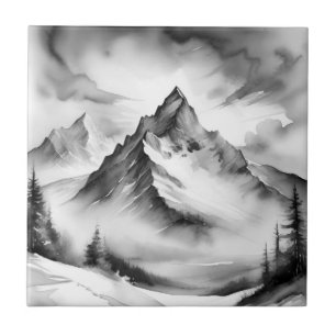 Schwarz-weiße schneebedeckte Berge Aquarell Fliese